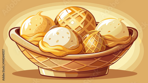 Fluffy vanilla ice cream swirls inside a crunchy cup.
The pale cream hue pops against the golden waffle.
Soft shadows add depth to the clean composition.
Perfect for summer menus or playful vector set
