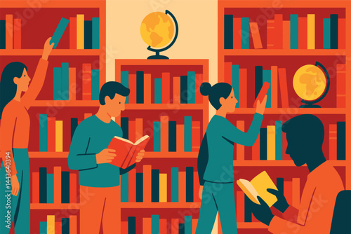 Group of people are in a library, some of them are reading books