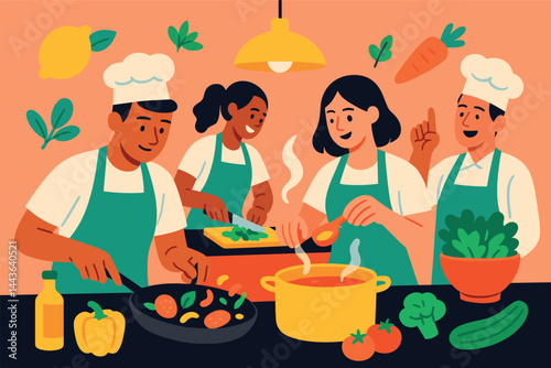 Four chefs are cooking food in a kitchen