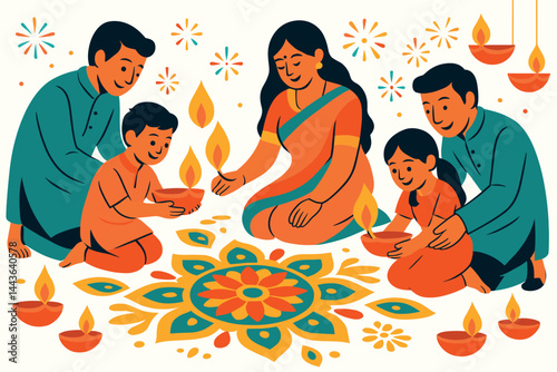 Family of four sits on the floor in front of a large flower patterned rug