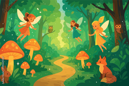 Group of fairies flying through a forest with mushrooms and a fox