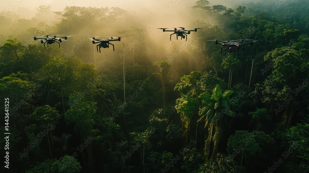 Naklejka premium An anti-deforestation system deploying drones to monitor illegal activities in the rainforest.