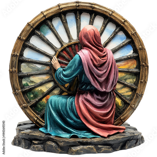 Roman Goddess Fortuna Spinning Her Wheel Of Fate, vector watercolor illustration, isolated on a white background.
