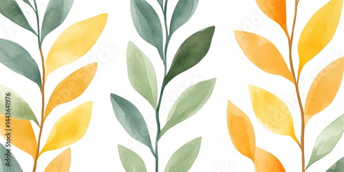 Watercolor leaves pattern in green, yellow, and orange on white background