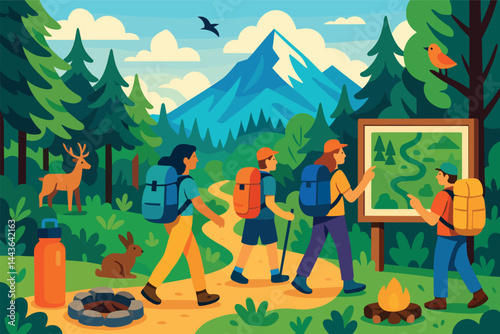 Group of people are walking on a trail in the woods