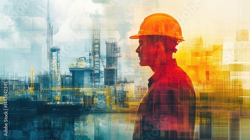 Silhouette of male construction worker overlooking industrial landscape