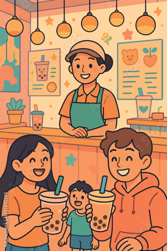Man is standing behind a counter with a woman and a child