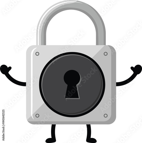 Cute cartoon padlock character with keyhole and expressive arms for security concept illustration vector 