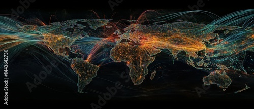 Highlighting the interconnectedness of modern technology, the image shows global connectivity with digital networks and data flow across the Earth, using vibrant lines to represent speed.