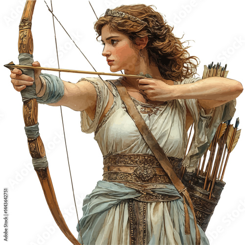 watercolor of Roman Goddess Diana Hunting With Her Bow, vector, isolated on a white background.