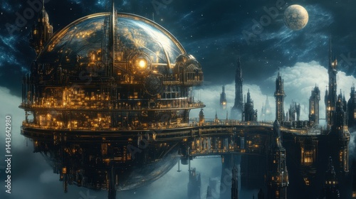 Intricate steampunk globe design with celestial elements in a fantasy setting