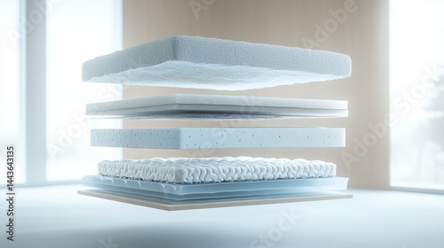 A cross-section of a multi-layered mattress showcasing various foam and gel layers designed for comfort and support. The layers are suspended in mid-air for a detailed view.