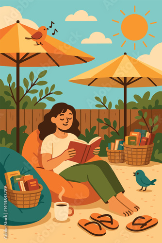 Woman is reading a book while sitting on a bean bag chair