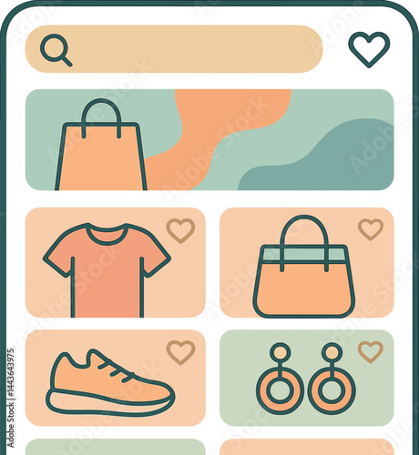 Trendy vector illustration of a shopping app home with product grid, search bar, promo banner, and wishlist icon. Light and trendy palette, no text, transparent background.