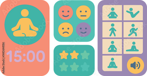 Vector illustration of a yoga and meditation tracker with session timer, mood log, pose chart, and sound icon. Soothing yet vibrant tones, no text, transparent background.Vector illustration of a