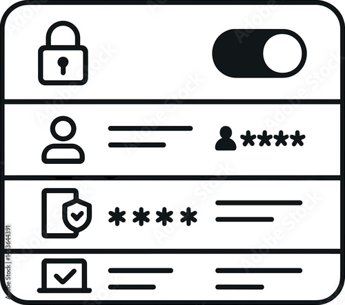 Vector illustration of a security settings panel with lock toggle, login history, 2FA setup, and trusted device list. Sharp icons, simple layout, no text, transparent background.