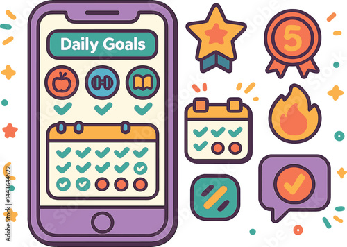 Vector illustration of a gamified habit tracker app with daily goals, achievement badges, streak counter, and calendar view. Colorful and motivational style, no text, transparent background