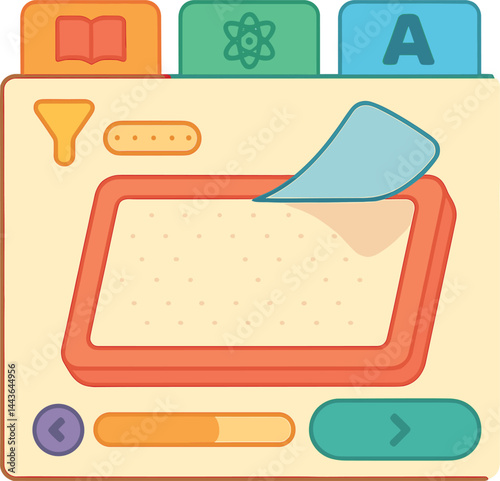 Vector illustration of a flashcard study app with flip animation, progress bar, subject tabs, and difficulty filter. Educational and playful style, no text, transparent background
