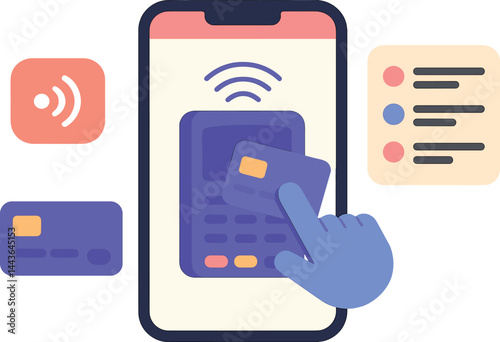 Vector illustration of a contactless payment app with tap-to-pay animation, NFC toggle, history list, and digital card. Functional and polished design, no text, transparent background