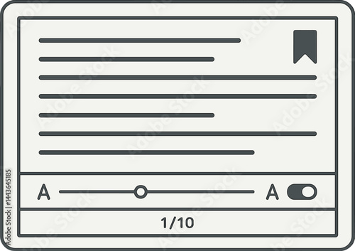 Vector illustration of an e-reader interface with font size slider, bookmark icon, page count, and night mode toggle. Sleek and literary layout, no text, transparent background