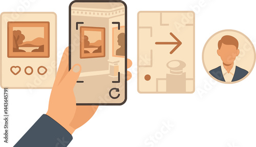 Vector illustration of a virtual museum tour app with artwork preview, AR view, room navigation, and guide icon. Elegant and immersive visuals, no text, transparent background