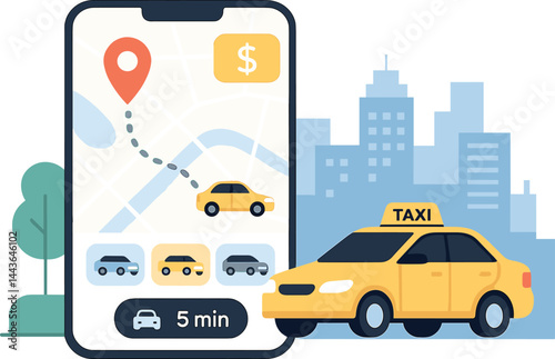 Vector illustration of a taxi-hailing app with pickup location, fare estimate, ride types, and driver ETA. Urban and efficient design, no text, transparent background