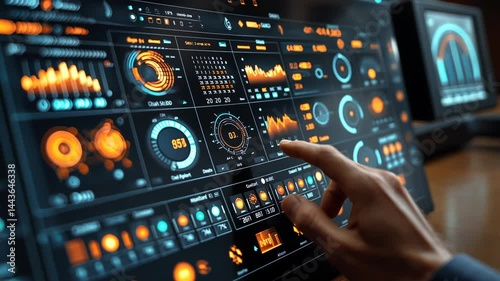 Interactive digital dashboard with multiple data visualizations.  A hand interacts with a high-tech display showing various performance metrics and charts
