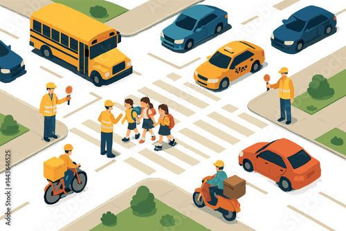 Isometric vector illustration of a busy intersection with crossing guards, school children, delivery bikes, and traffic. Vibrant and organized urban layout, no text, transparent background