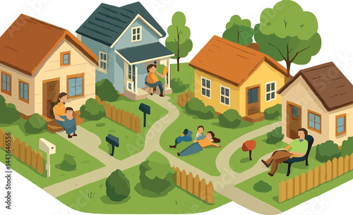 Isometric vector illustration of suburban houses with front yards, garden fences, mailboxes, and relaxing families. Peaceful and sunny neighborhood, no text, transparent background