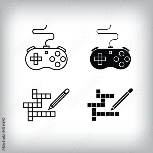 Hobby entertainment design with console game and word find. Simple linear and flat activity icon set.