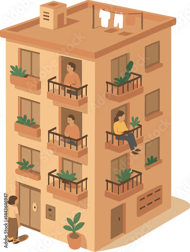 Isometric vector illustration of a residential tower with elevator access, balconies with plants, rooftop laundry, and mail slots. Simple and human-centric vertical living, no text, transparent