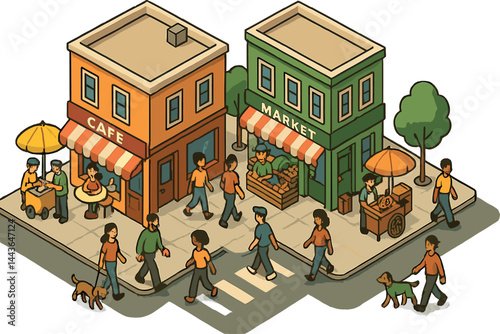 Isometric vector illustration of a compact urban block with corner stores, street vendors, and locals walking dogs. Friendly and active city life, no text, transparent background