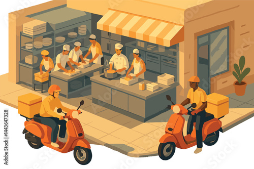 Isometric vector illustration of an early morning food delivery scene with scooters, restaurant kitchen, and workers preparing orders. Functional and bright start-of-day view, no text, transparent