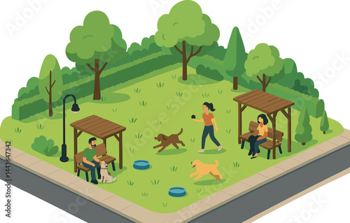 Isometric vector illustration of a dog park with open lawn, owners playing fetch, water bowls, and shaded benches. Friendly and green city corner, no text, transparent background