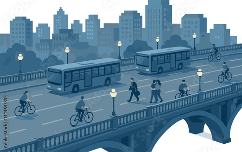 Isometric vector illustration of an urban bridge with cyclists, buses, commuters, railing lights, and nearby buildings. Efficient and beautiful infrastructure, no text, transparent background