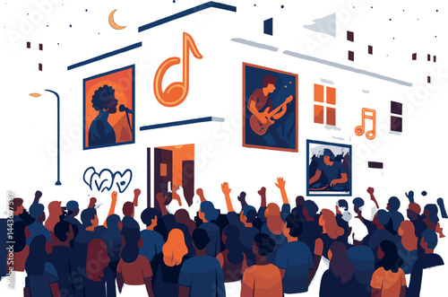 Isometric vector illustration of a music venue exterior with concert crowd, posters, neon signs, and night sky. Urban and artistic nightlife scene, no text, transparent background