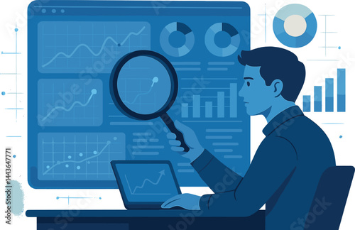 Create a concept of data analysis with dashboard screen, graphs, analytics, magnifying glass, and focused analyst. Vector illustration, high-tech and modern, no text, transparent background
