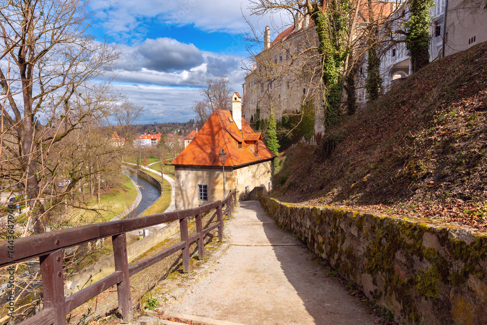 Sunny day view of historical buildings and river in Cesky Krumlov, Czech Republic