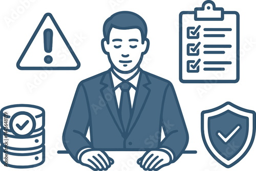 Showcase crisis management plan with alert icons, action checklist, backup systems, and calm leadership. Vector illustration, secure and strategic, no text, transparent background