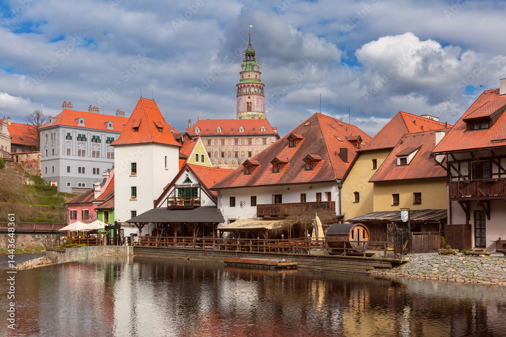 Sunny day view of historical buildings and river in Cesky Krumlov, Czech Republic