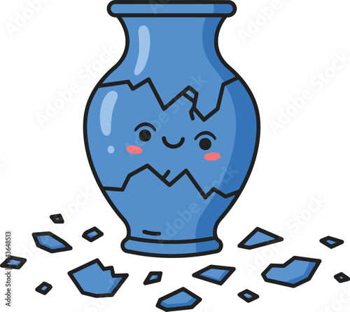 Broken blue ceramic vase with happy face and scattered pieces vector illustration for decorative design elements 