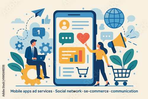 Business creative illustration. Vector concept of mobile apps and services, online business, social network, e-commerce and communication. Illustration for web banner, social media, business