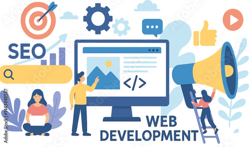 Business concept illustration. Vector illustration of seo, web development, digital marketing. Creative concept for web banner, social media banner, business presentation, marketing material