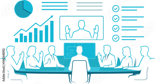 Depict virtual boardroom with holographic charts, decision makers, voting panel, and agenda list. Vector illustration, futuristic and corporate, no text, transparent background