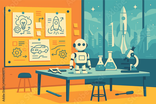 Show innovation lab with brainstorm sketches, prototype table, testing tools, and futuristic background. Vector illustration, experimental aPresent employee onboarding screen with welcome message,