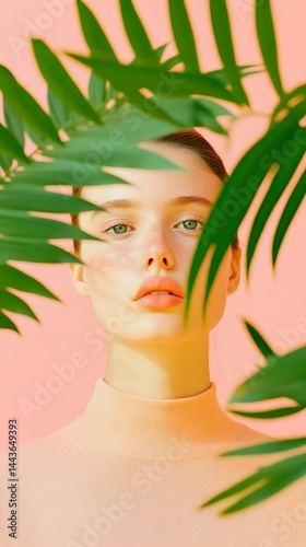 Young caucasian female posing with tropical leaves in soft light