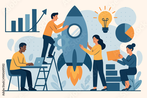 Entrepreneurship and startup culture. Vector illustration of founders building projects. Great for modern business topics and innovation hubs.