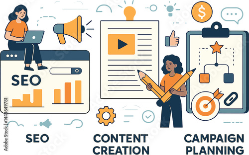 Digital marketing and online advertising. Vector illustration of SEO, content creation, and campaign planning. Useful for web banners and business media kits.