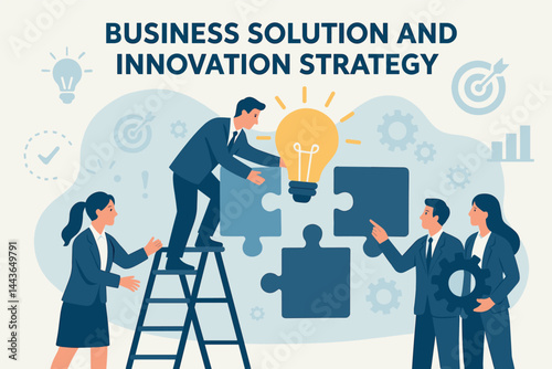 Business solution and innovation strategy. Vector illustration of team solving complex problems. Ideal for consulting, corporate design, and product pages.