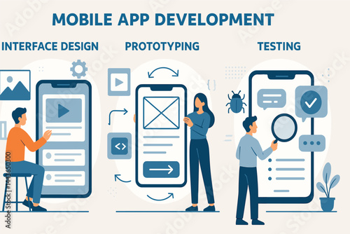 Mobile app development process. Vector illustration of interface design, prototyping, and testing. Suitable for app companies and UI/UX presentations.